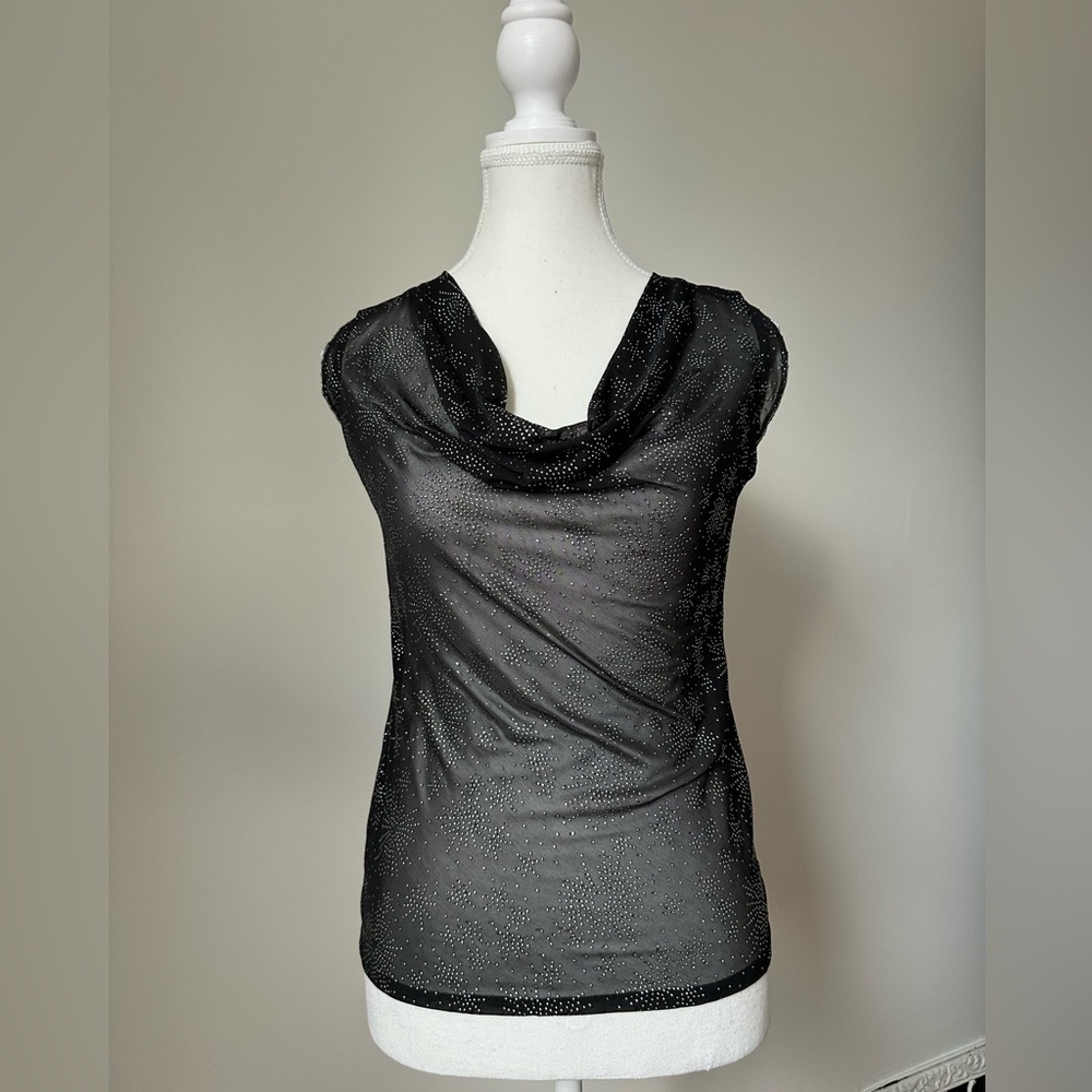 UNBRANDED Black Sheer‎ Star Studded Cowl Neck Y2K Festival Short Sleeve Size M